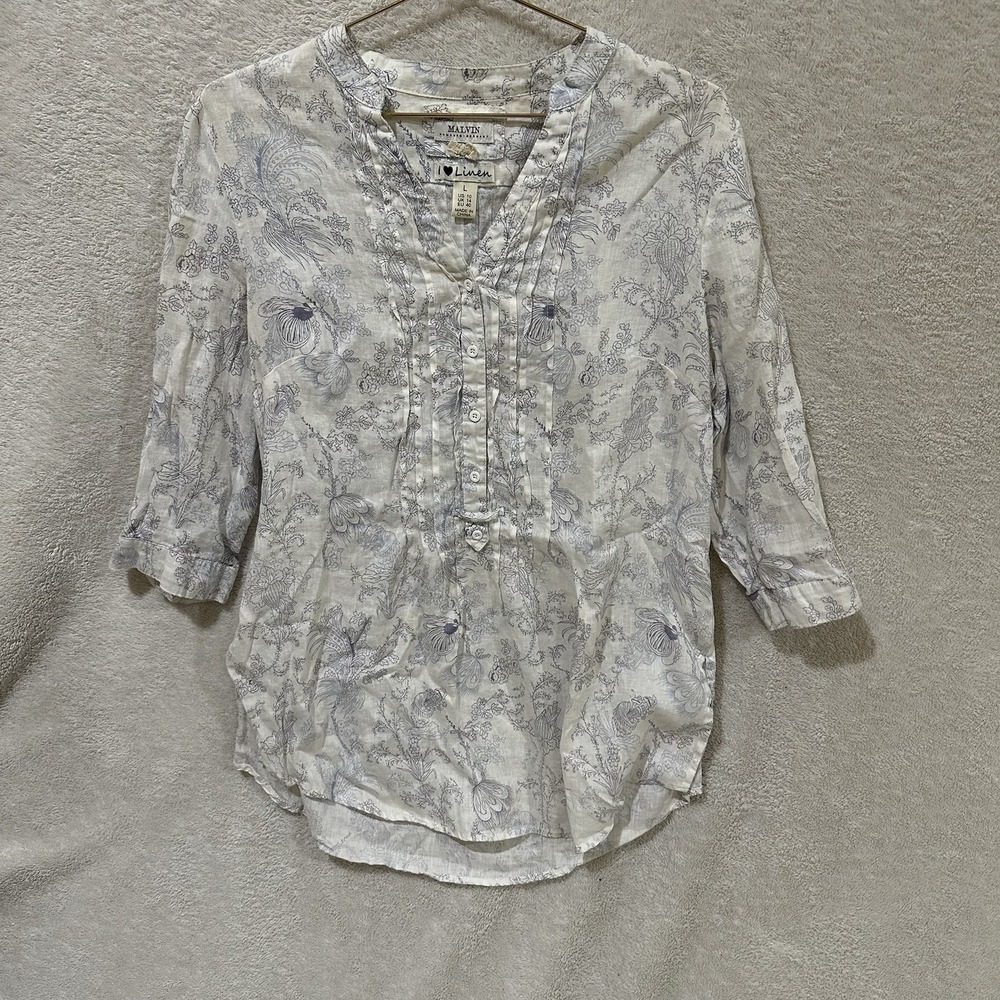 Malvin Top Tunic 3/4 Sleeve V-Neck White‎ Floral Boho I Love Linen Large US 10